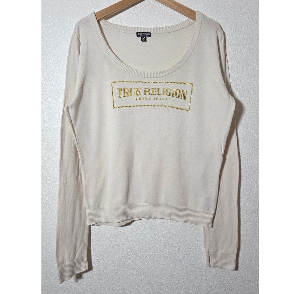 True Religion Rhinestone Logo Sweater XL Cream Y2K McBling Neutral Knit